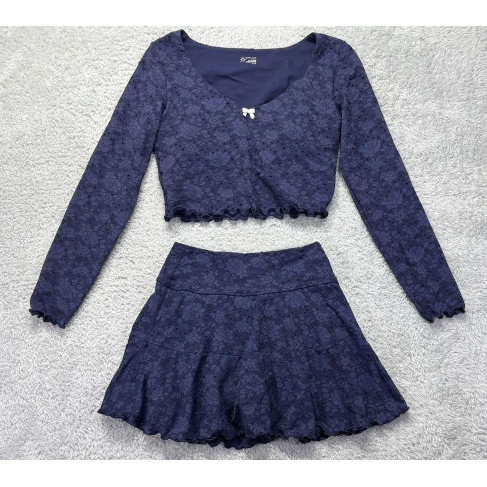 Aerie Womens Real Me Lace Flowy Skort Skirt Crop Top Royal Blue Medium Coquette - Picture 4 of 15
